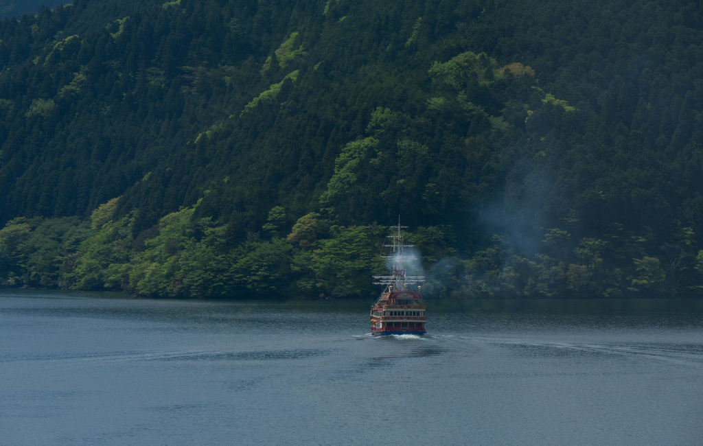Pirate ship with smoke on Lake Ashi – included in the Hakone Free Pass